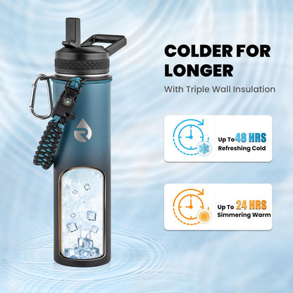 RAYMYLO Insulated Water Bottle 24oz, Triple Wall Vacuum Stainless Steel (Cold for 48 Hrs, Hot for 24Hrs), Leak Proof & Non-BPA, 24oz Hydro Water Flask with Paracord Handle & Straw Spout Lids