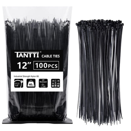 Zip Ties 12 inch, Black Zip Ties 100 pack, 40lb, Cable Ties, Self-locking Wire ties for indoor and outdoor use, by Tantti