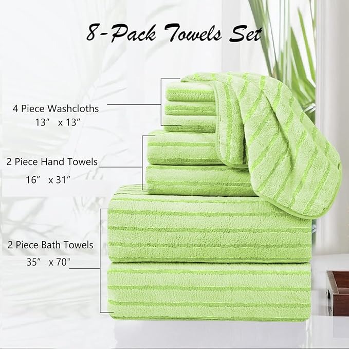 8 Pcs Grass Green Cabana Stripe Large Bath Towel Set