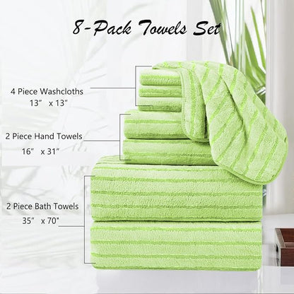 8 Pcs Grass Green Cabana Stripe Large Bath Towel Set