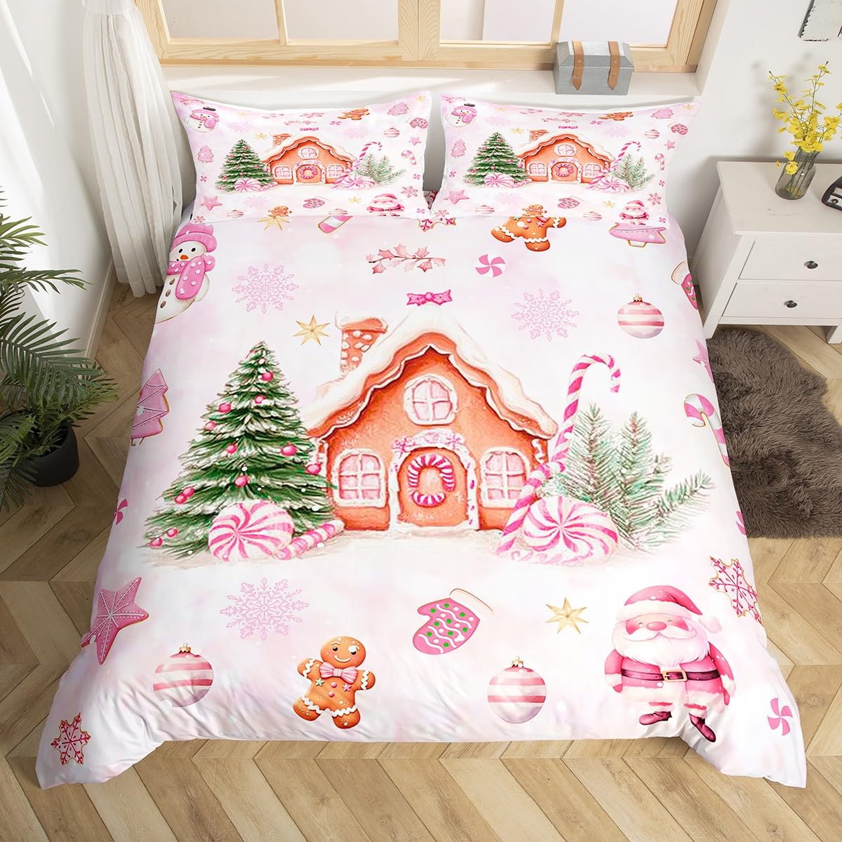 Pink Christmas Duvet Cover Set Queen,Cartoon Gingerbread House Comforter Cover 3pcs for Girls Teens,Santa Snowman Quilt Cover (NO Comforter),2 Pillowcases,Dreamy Pink Tie Dyed Bedding Quilt Cover