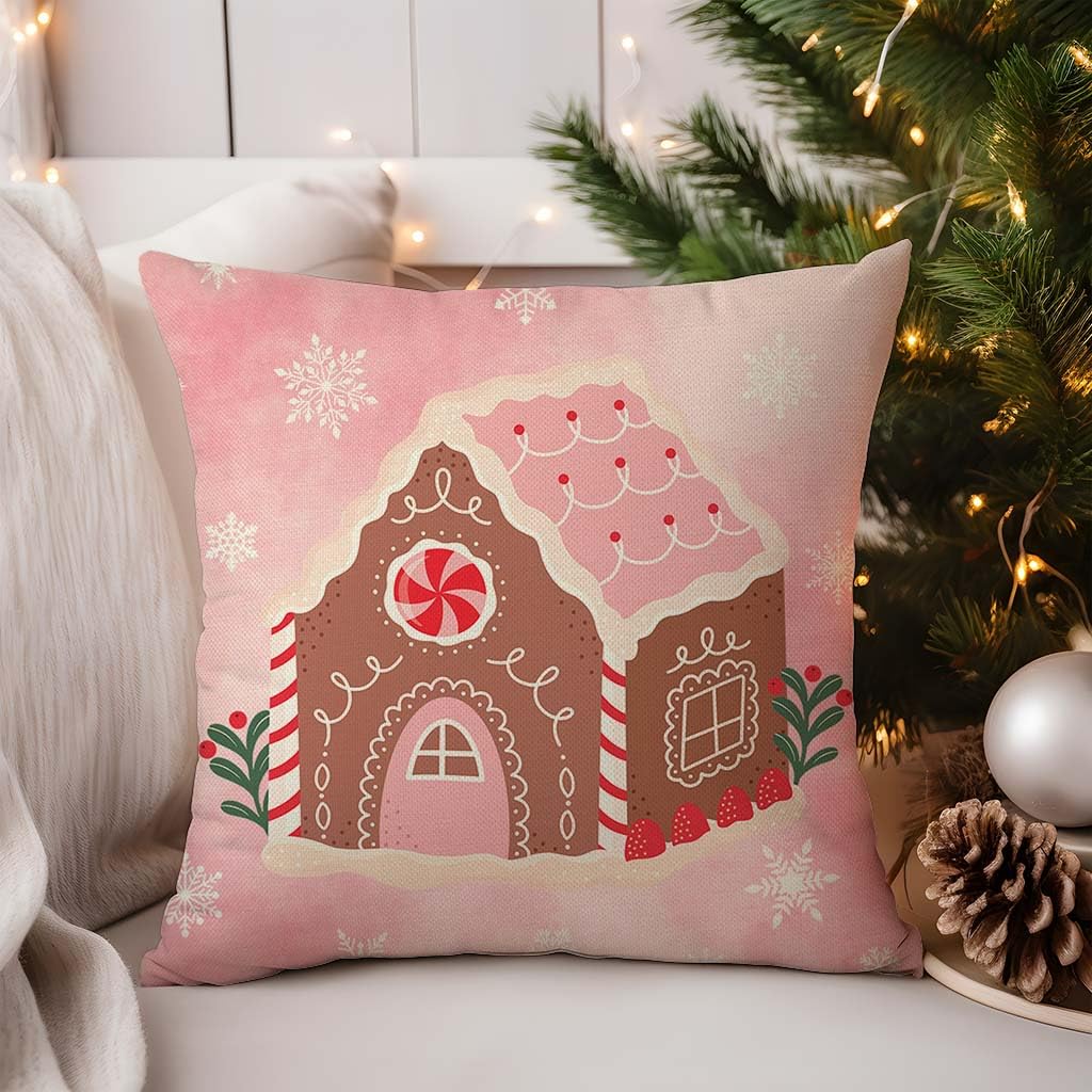 HERHOME Pink Christmas Pillow Covers 18x18 Inch Gingerbread House Hot Cocoa Xmas Tree Pink Christmas Decorations Winter Holiday Decorative Throw Pillow Case Set of 4 for Couch Home Decor