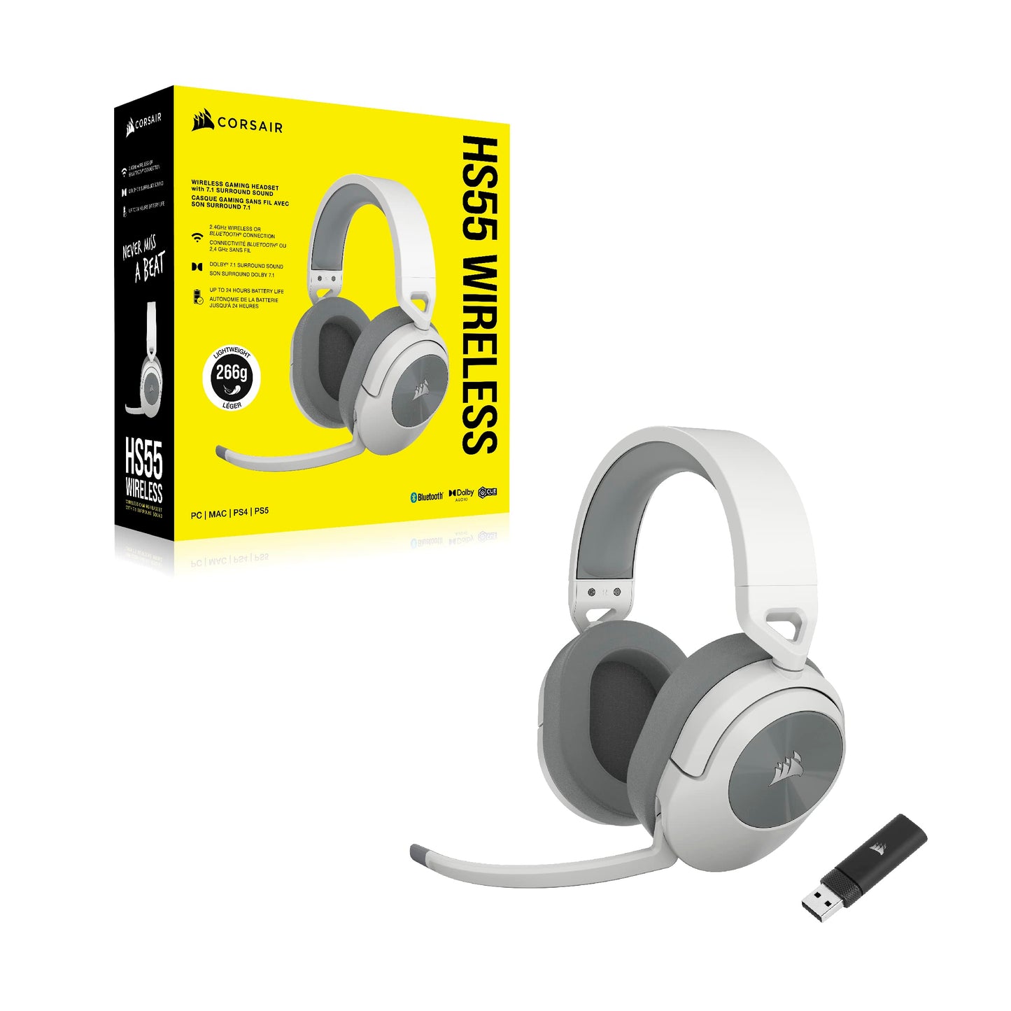 Corsair HS55 Wireless Multiplatform Lightweight Gaming Headset with Bluetooth - Dolby 7.1 Surround Sound - iCUE Compatible - PC, PS5, PS4, Nintendo Switch, Mobile - White