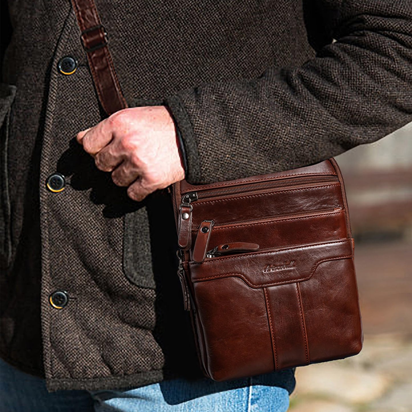 Ariscobull Leather Messenger Bag for Men, Small Leather Sling Shoulder Bag Messenger Pack for Men, Man Purse (Brown)