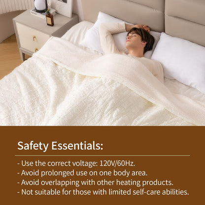 Bearhug Electric Blanket King Size 100" x 90", Dual Controller Heated Blanket, White Flower Patterns Faux Fur & Warm Sherpa, 10-Heat Levels & 1-12H Auto Off,ETL, Machine Washable