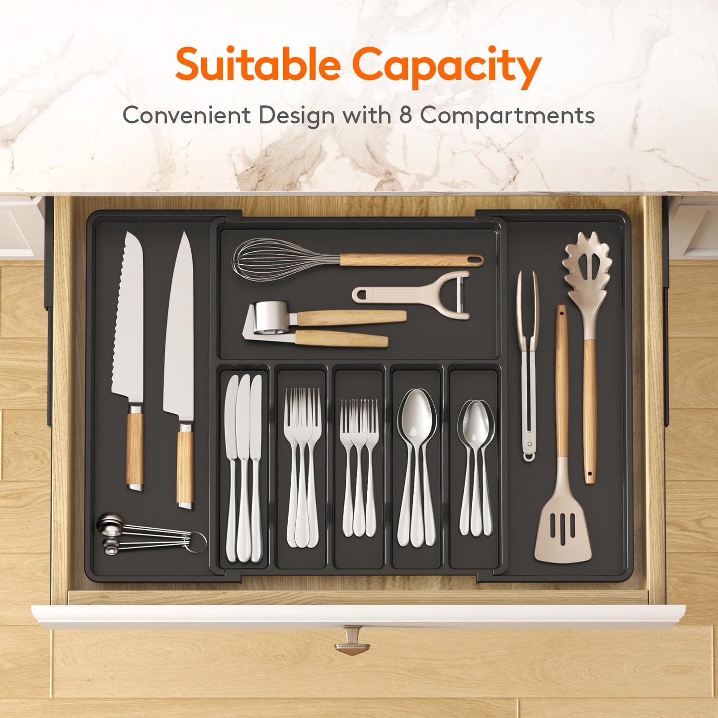 Lifewit Silverware Drawer Organizer, Expandable Utensil Tray for Kitchen, BPA Free Flatware and Cutlery Holder, Adjustable Plastic Storage for Spoons Forks Knives, 8.5"-14.1" x 12.1", Black
