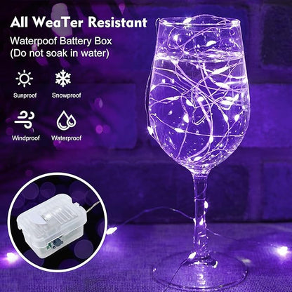 pozzolanas 50 Pack Purple Fairy Lights Battery Operated 3 Modes 7FT 20 LED Waterproof String Lights Twinkle Silver Wire for Mason Jars Wedding Christmas Halloween Part Decor (50, Purple)