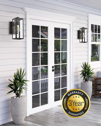 VIANIS Dusk to Dawn Outdoor Wall Lighting, Exterior Waterproof Wall Sconce Light Fixtures, Black Outside Porch Lights with Toughened Glass Shade, Anti-Rust Wall Mount Lantern for Garage 2Pcs