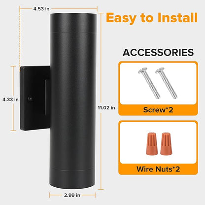 LUTEC Outdoor Wall Light Fixtures, Integrated LED Cylinder Up-Down Sconce, 16W 3000K Waterproof Aluminum Exterior Lighting, Modern Matte Black Wall Sconce Outdoor Lighting for Porch, Entryway, 2 Pack