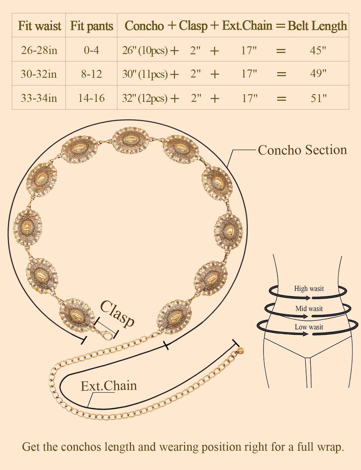 TOPACC Gold Concho Belts for Women Western Metal Cowgirl Chain Belts for Dresses Jeans Country Concert Outfit