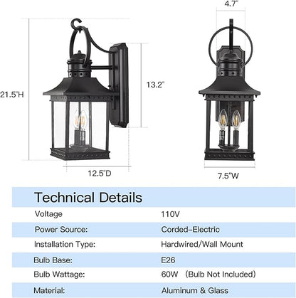 Outdoor Lanterns, 21.5" H Large Exterior Sconce Lights, 2-Light Black Outdoor Wall Light Fixtures with Clear Glass for Porch Patio Farmhouse