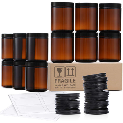 24 Pack 8oz Amber Glass Jars with Black Lids - For Candle Making, Food Storage, Canning, Spices, Liquids - Leakproof & Dishwasher Safe