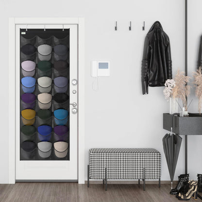 Unjumbly Baseball Hat Rack, 24 Pocket Over-The-Door Hat Organizer with Clear Deep Pockets to Display Baseball Caps Collection, Complete with 3 Over Door Hooks (Black, 24 Pockets)