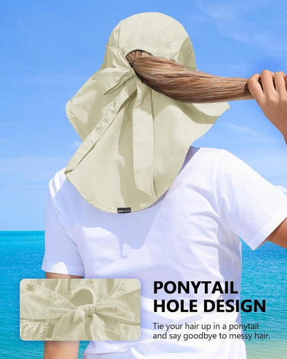 Women's UV Protection Sun Hat - Wide Brim Fishing Hat with Ponytail Hole & Neck Flap | Ideal for Beach, Hiking, Camping