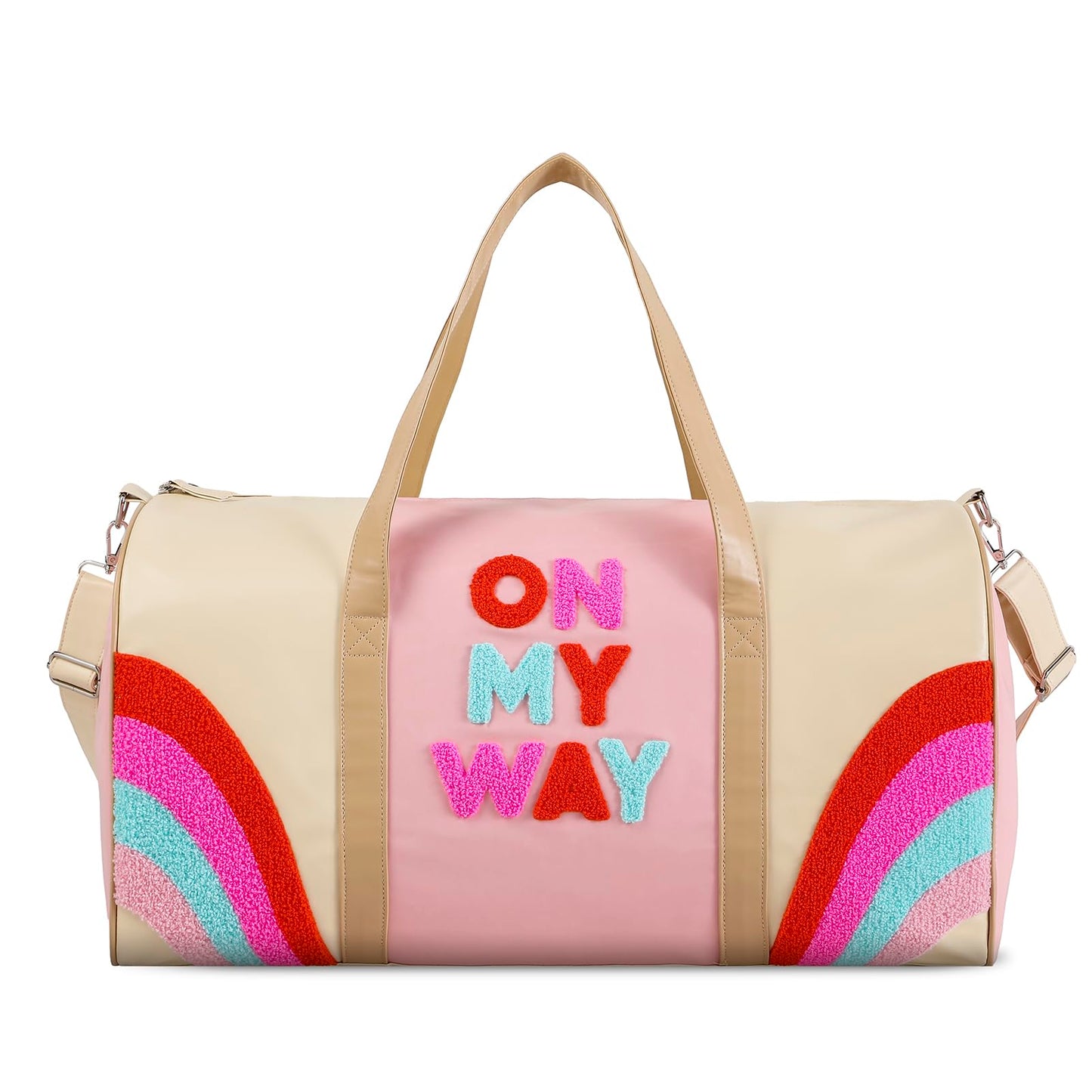 DYSHAYEN Chenille Letter Travel Duffle Bag Large PU Leather Weekender Overnight Bag for Women Carry on Bags Travel Tote（On My Way）