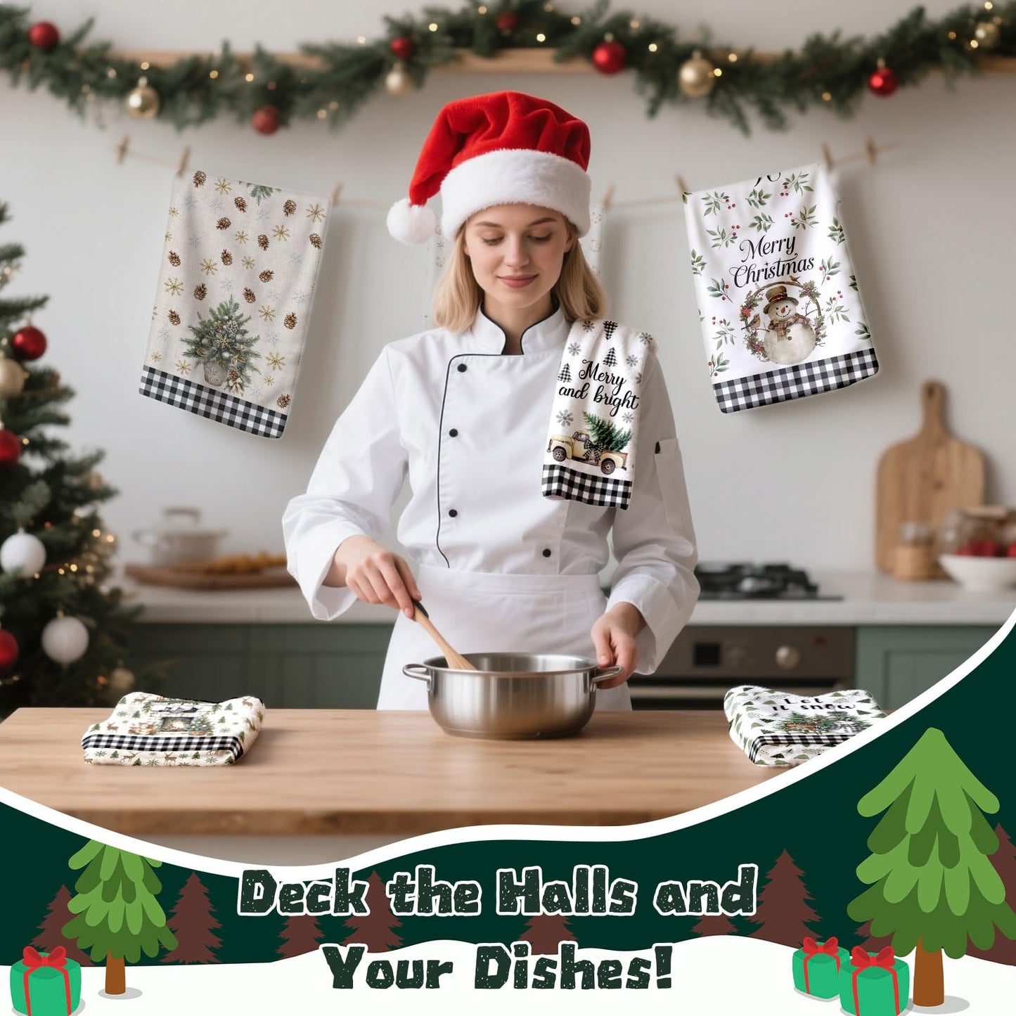 HEIFAM Green Xmas Christmas Kitchen Towels 6 Pcs, Christmas Hand Towel for Bathroom, Holiday Kitchen Towel, Snowman Tea Dish Towels, Snowflake Gloves Decor Gray Strips, Housewarming Gift, 17 X 26in