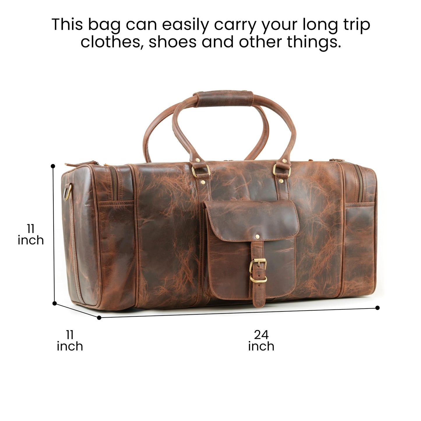 Handmade World Leather Duffle Bag for Men – Full Grain Buffalo Leather Weekender Travel Bag, Large Carry On Overnight Gym Bag, Handmade Rustic Brown Leather Luggage 24 Inch (Crunch Leather)