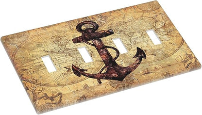 Anchor Nautical Vintage Map 4 Gang Decorative light switch plate Quad Toggle Wall Plate Covers Switchplate Electrical Faceplate for Office Livingroom Home Decor
