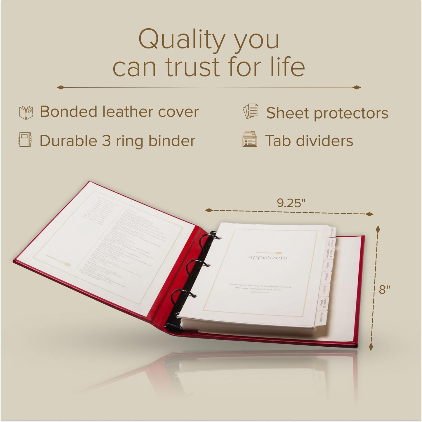 Gallery Leather Recipe book to write in your own recipes - 3 Ring Recipe Binder With Plastic Sleeves, Blank, 25 Pocket Pages and Ivory Cards, Fillable - Freeport Metallic Bronze - 9.25 x 8 "