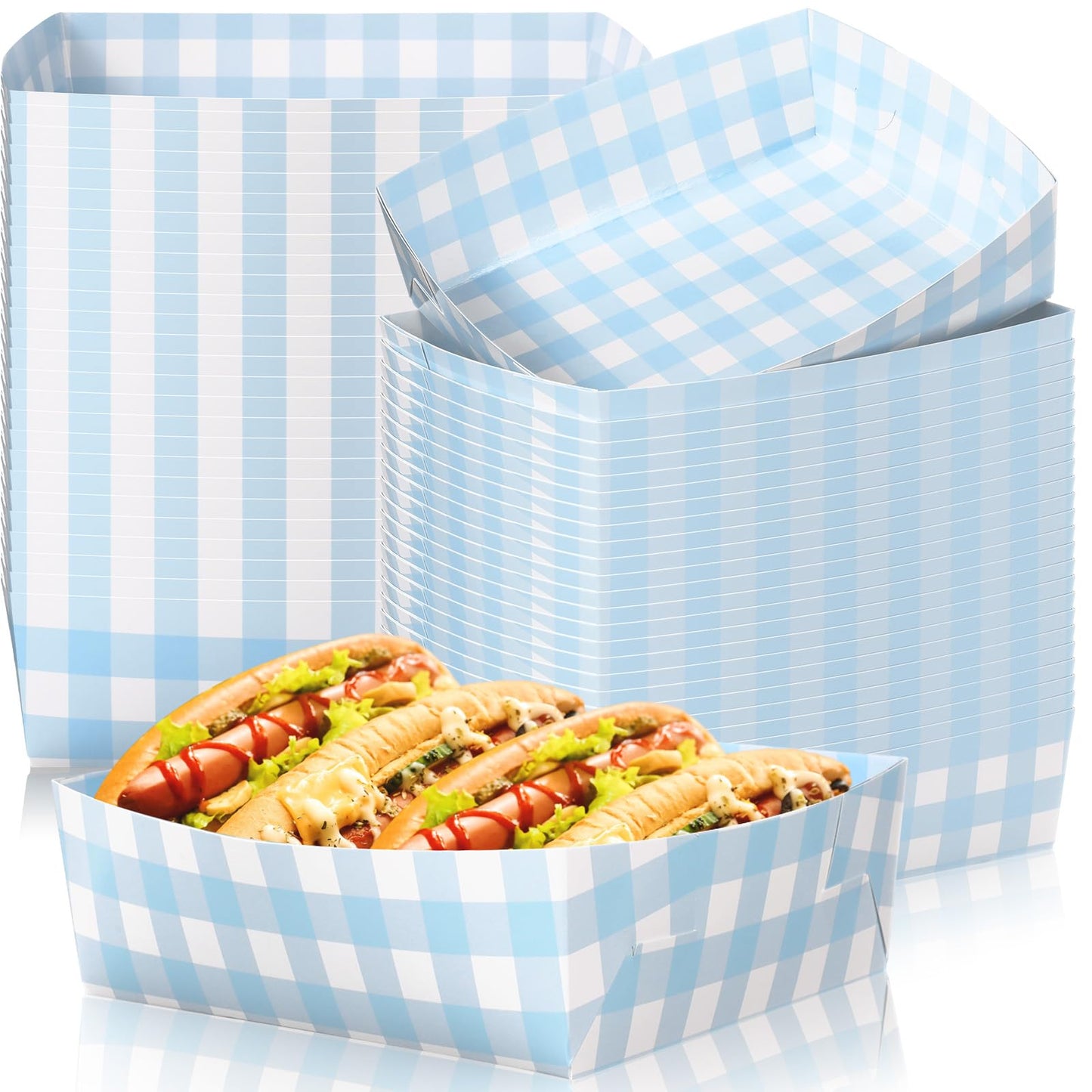 Suclain 48 Pack Light Blue and White Gingham Paper Trays 5 lb Grease Resistant Large Snack Serving Trays Disposable Food Boats for Christmas Party Baby Shower Supplies