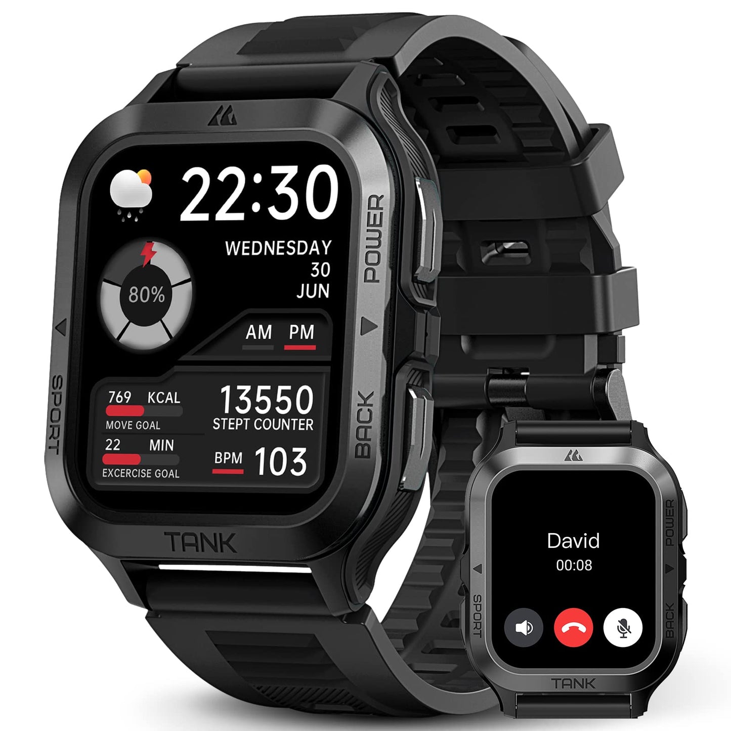 AMAZTIM Smart Watch, 60 Days Extra-Long Battery, 50M Waterproof, Rugged Military Bluetooth Call(Answer/Dial Calls), 1.85" Ultra Large HD Display, AI Voice Assistant, Compatible for Android and iOS
