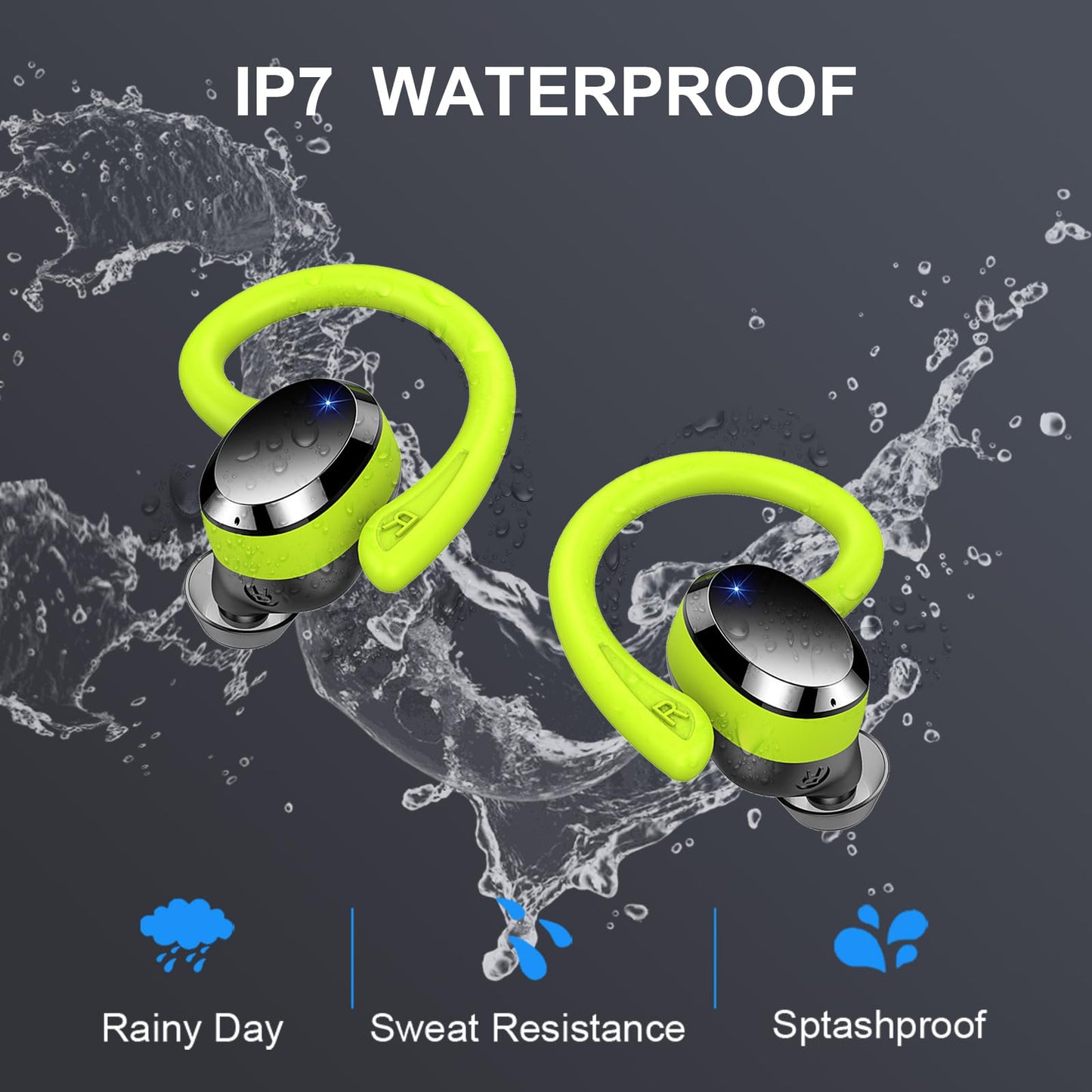 Wireless Earbud, Bluetooth 5.4 Headphones IP7 Waterproof for Sport, 48H Running Wireless Earphones with ENC Noise Cancelling Mic, Deep Bass Over Ear bud with Earhooks for Android, iOS, Workout, Green