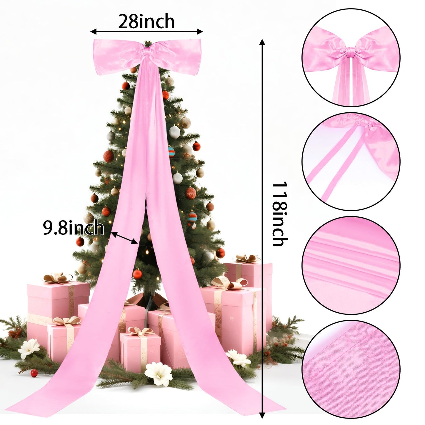 Giant Christmas Tree Bow Topper Big Bow for Christmas Tree Decorations 18X118In Tree Toppers Bows Big Pink Bows for Wedding Birthday Party Wall Backdrop(Pink)