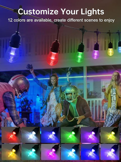 Commercial Grade 48FT LED Outdoor String Lights with Remote Control - Shatterproof Waterproof Color Changing Christmas Lights, Dimmable for Patio, Garden, Wedding Decor