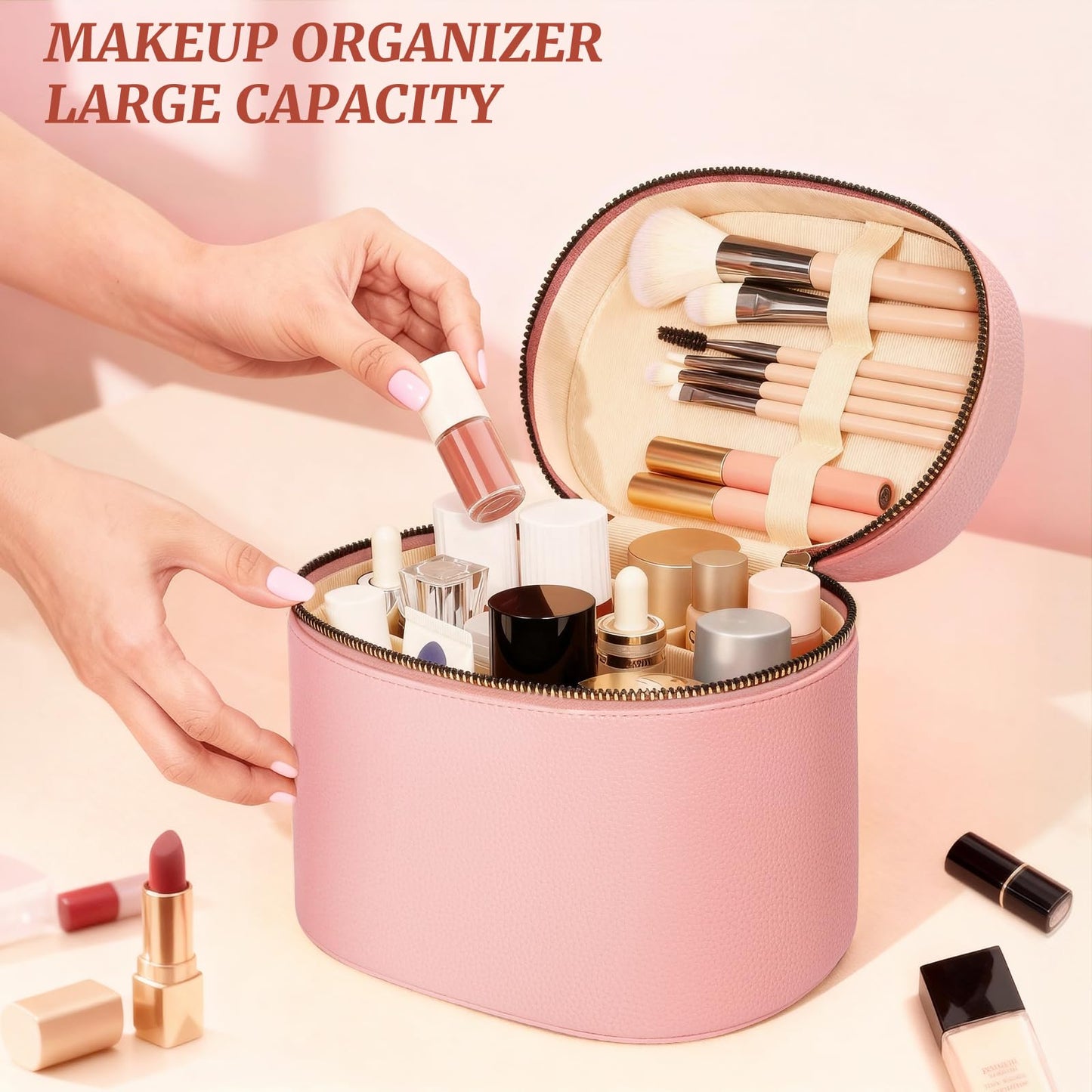 MaqSacion Makeup Bag Vanity Case for Women Leather Cosmetic Bag Makeup Organizer Case Portable Travel Toiletry Bag With Removable Compartments and Handle - Pink