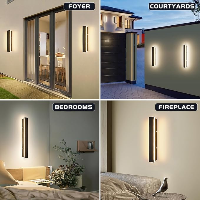 Mikeru 2 Pack Outdoor Wall Light,11.82 Inch 3 Color Wall Sconce（3000/4000/6000K） Front Porch Light, Ip65 Waterproof Black Exterior Wall Light, Exterior Wall Lights for House Courtyard Balcony Porch