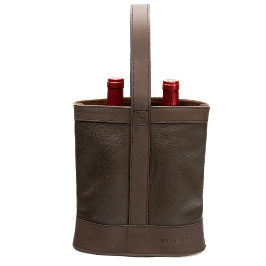 WESLEATH Double Wine Carrier Bag – Leather Wine Tote for Two Bottles with Handles & Metal Buckle – Protective Carrier for Picnic, Wine Champagne Gift Bag (Moka)