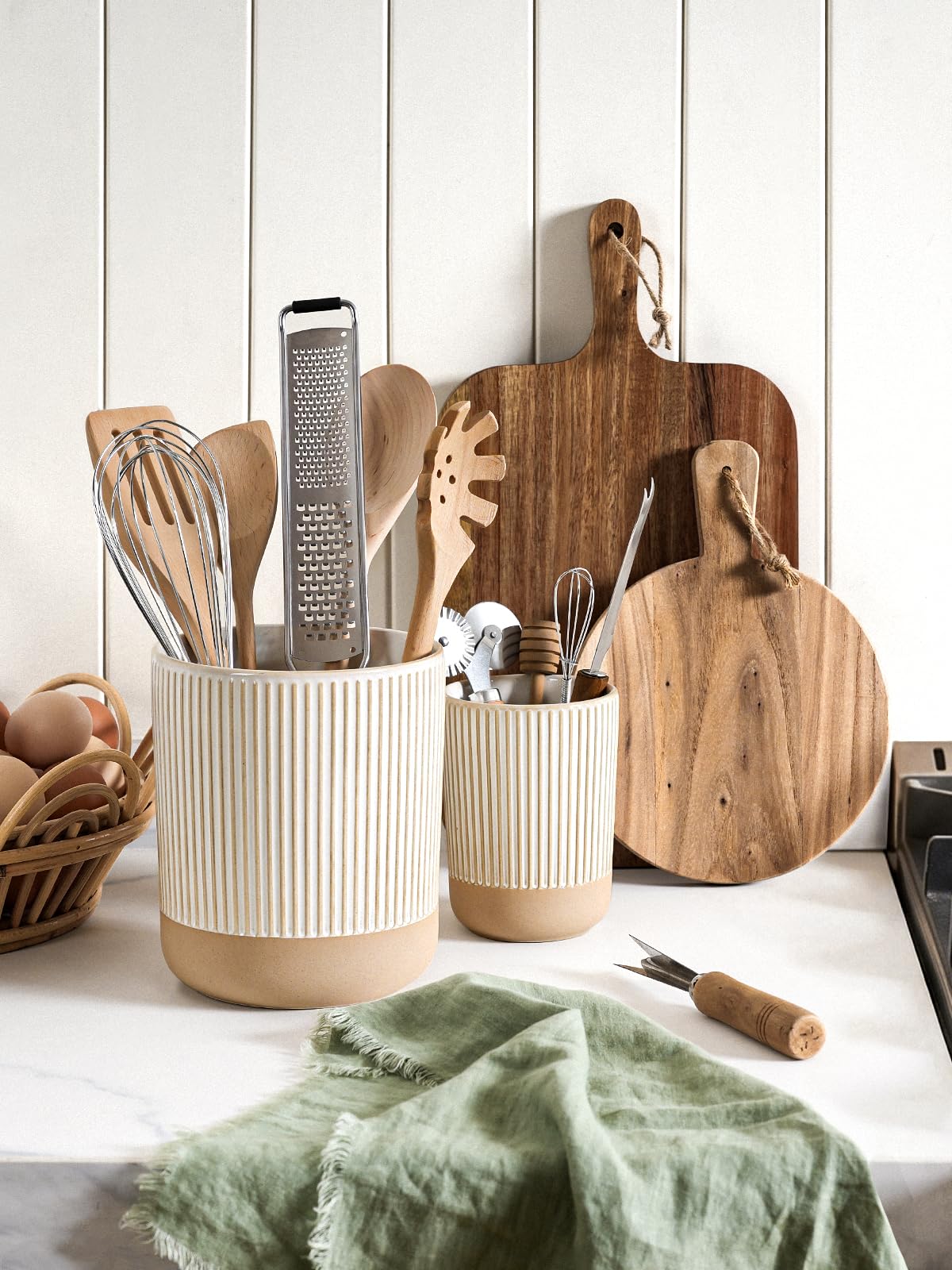 LE TAUCI Ceramic Kitchen Utensil Holder Set of 2 - 6.9"+5.3" Large Cooking Utensil Crock & Organizer for Spatula, Spoon, Whisk - Farmhouse Countertop Storage, Cream Beige, Line