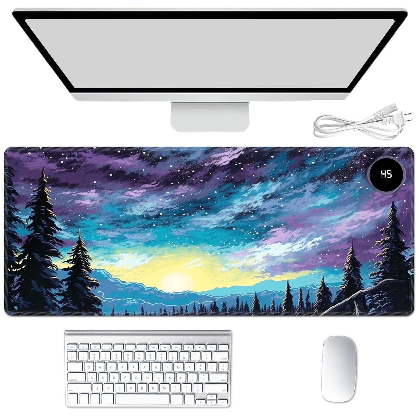 Heated Mouse Pad Hand Warmer, Warm Desk Pad Mousepad Desk Mat with 3 Levels Heating and Auto Shut Down 31.5 x 13 inch PU Leather Warmer Keyboard Mat for Gaming Laptop Office Home, Art Forest Galaxy