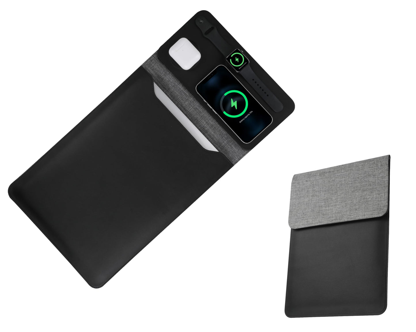 Gyanm 5-in-1 Laptop Sleeve with Wireless Charging for iPad MacBook Pro 12" 13" 14", Charge Mat for Phone Earbuds iWatch, Executive Office Organizer with Pocket, Waterproof Vegan Leather Case (Black)