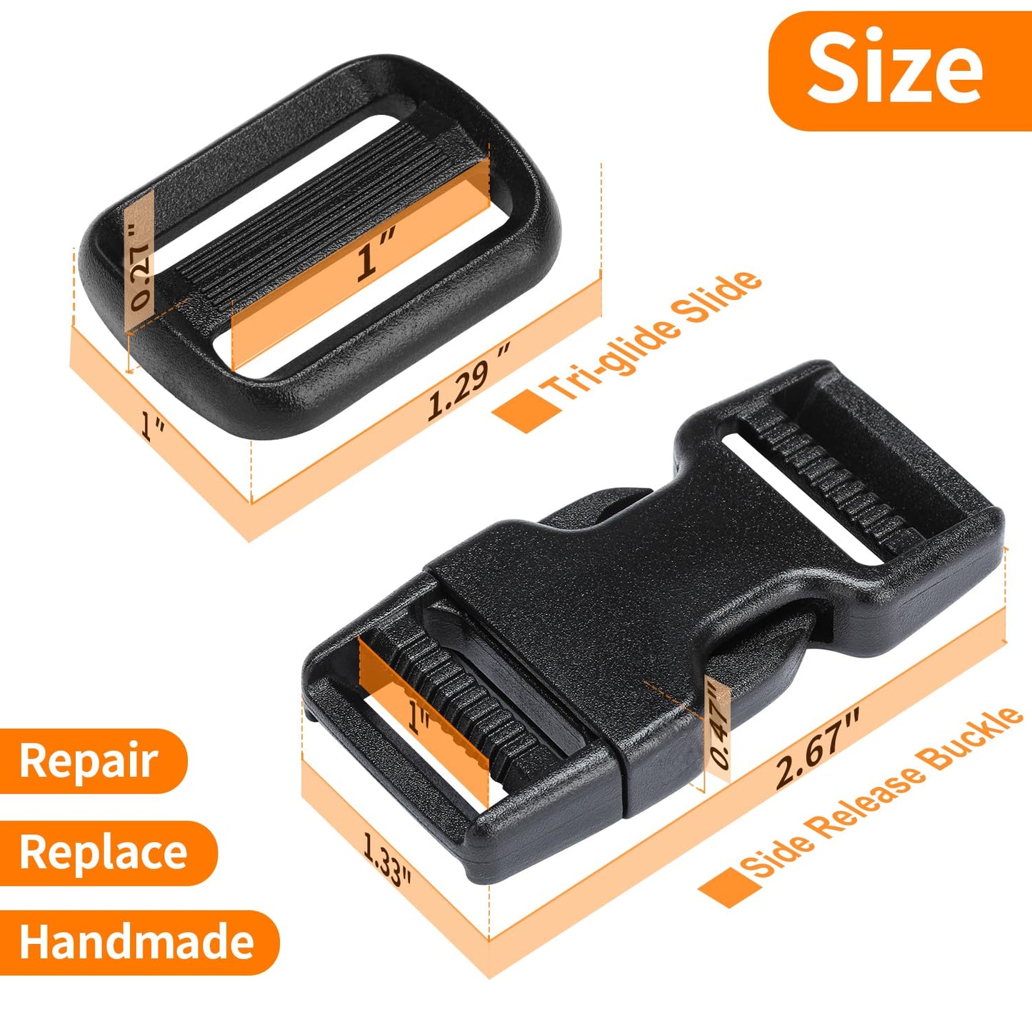 BEYOURD Buckles and Straps Set 1": 6 Yards of Thick Nylon Webbing, 6-Pack Heavy Duty Adjustable Quick Side Release Plastic Buckles, 12 Tri-Glide Slide Clips, Black (1-Inch Combo Set)