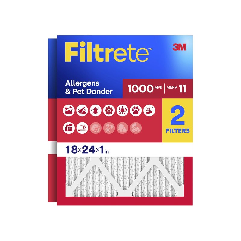 Filtrete 18x24x1 Air Filter, MERV 11, MPR 1000, Allergens & Pet Dander, 3-Month AC and Furnace Filters, Cleaner Air, Reliable Airflow, 2 HVAC Filters (Actual Size 17.68 x 23.68 x 0.81 in)