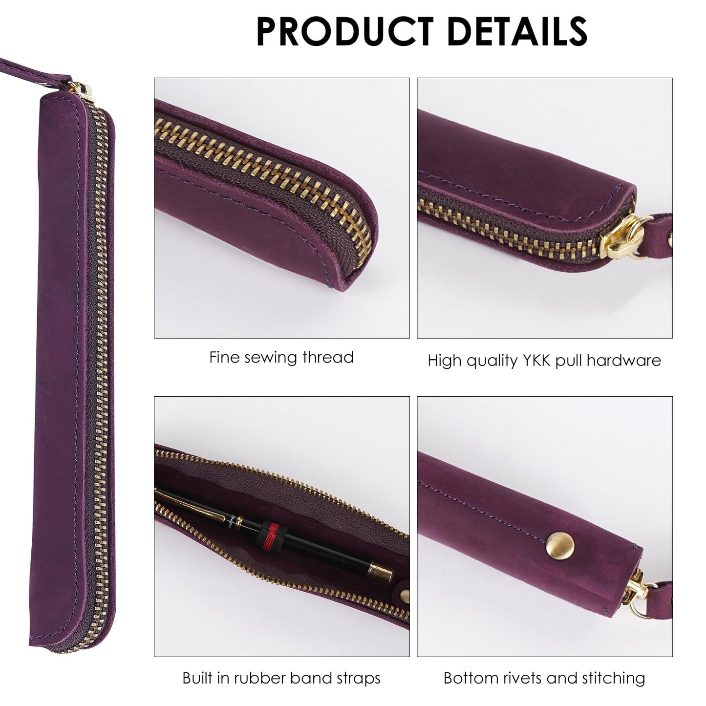 JANKOW Crazy Horse Leather Zipper Pen Pouch Handmade, Single Pen Case Fountain Pen Sleeve Holder Pouch Cover Vintage, Mini Pencil Bag (Purple)