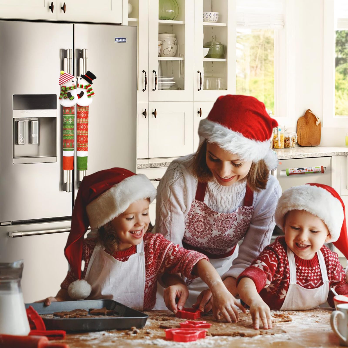 OurWarm Christmas Refrigerator Handle Covers Set of 4, Christmas Kitchen Decor 3D Snowman Couple Fridge Door Handle Cover Washable, Appliance Handle Covers for Christmas Decorations