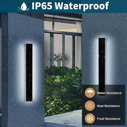 2 Pack 23.6inch Long Outdoor Led Wall Lights, IP65 Waterproof Black Outside Porch Lights, 6000K Cold White, 24W, Modern Exterior Wall Sconces Lighting for Garage, Patio, House, Garden