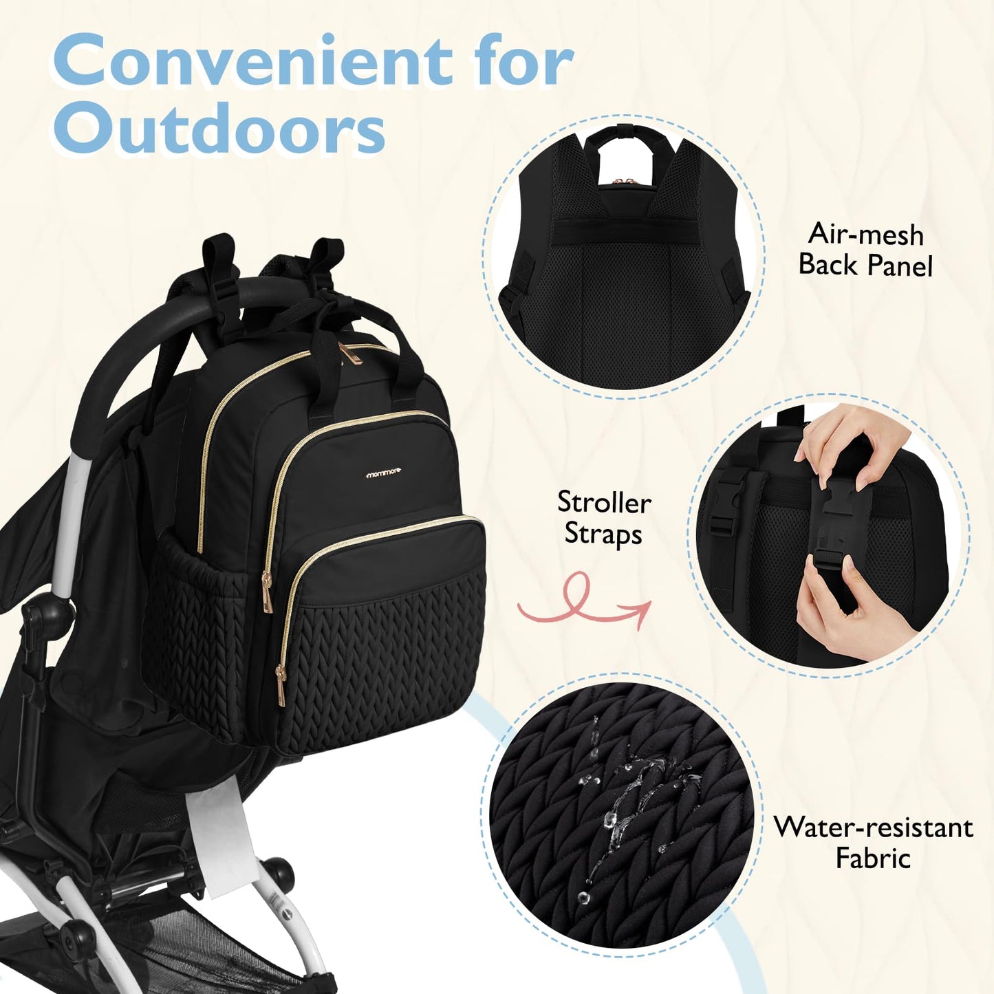 mommore Diaper Bag Backpack, Stylish Travel Baby Bag with Insulated Pockets, Changing Pad and Stroller Straps for Toddler (L-Brown Taupe, Large-27L)