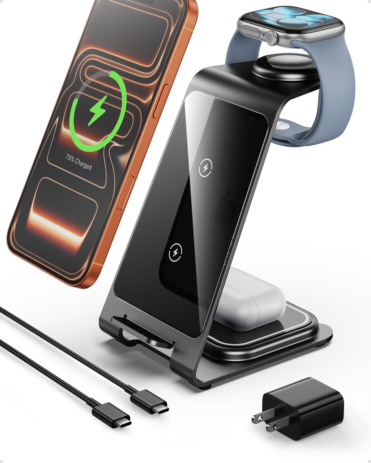 Intoval 3 in 1 Wireless Charging Station for iPhone 17 16 15 14 13 12 11 X Pro Max, Wireless Charger for Apple Watch Ultra 3 SE 9 8 7 6 5 4 3 2, for AirPods 4 Pro Pro 2 3 (Y93, Grey)