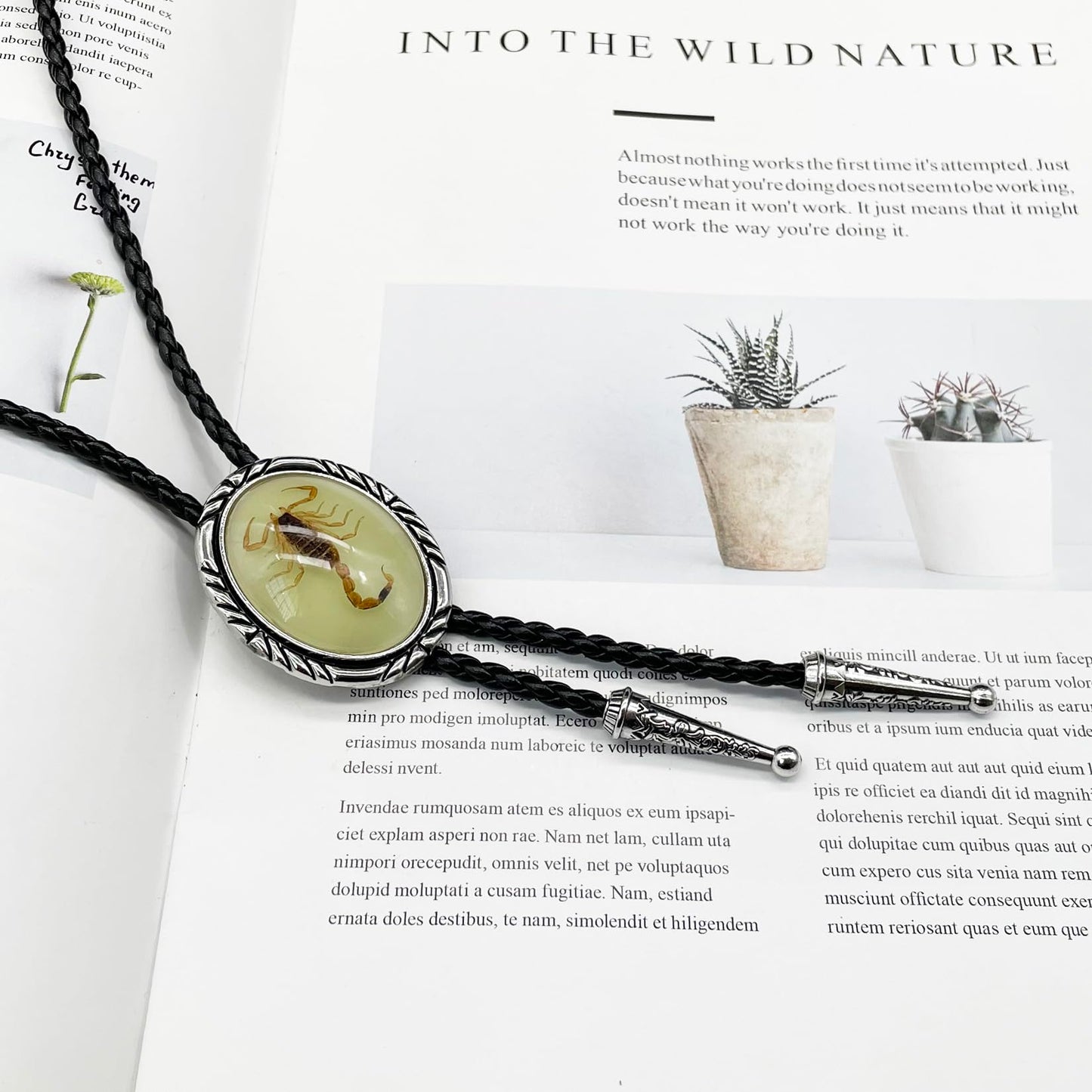 JPJZY BRBAM Minimalist Style Natural Stone Bolo Tie Oval Gemstone Pendant with Striped Border Leather Necktie for Men and Women Scorpion Luminous