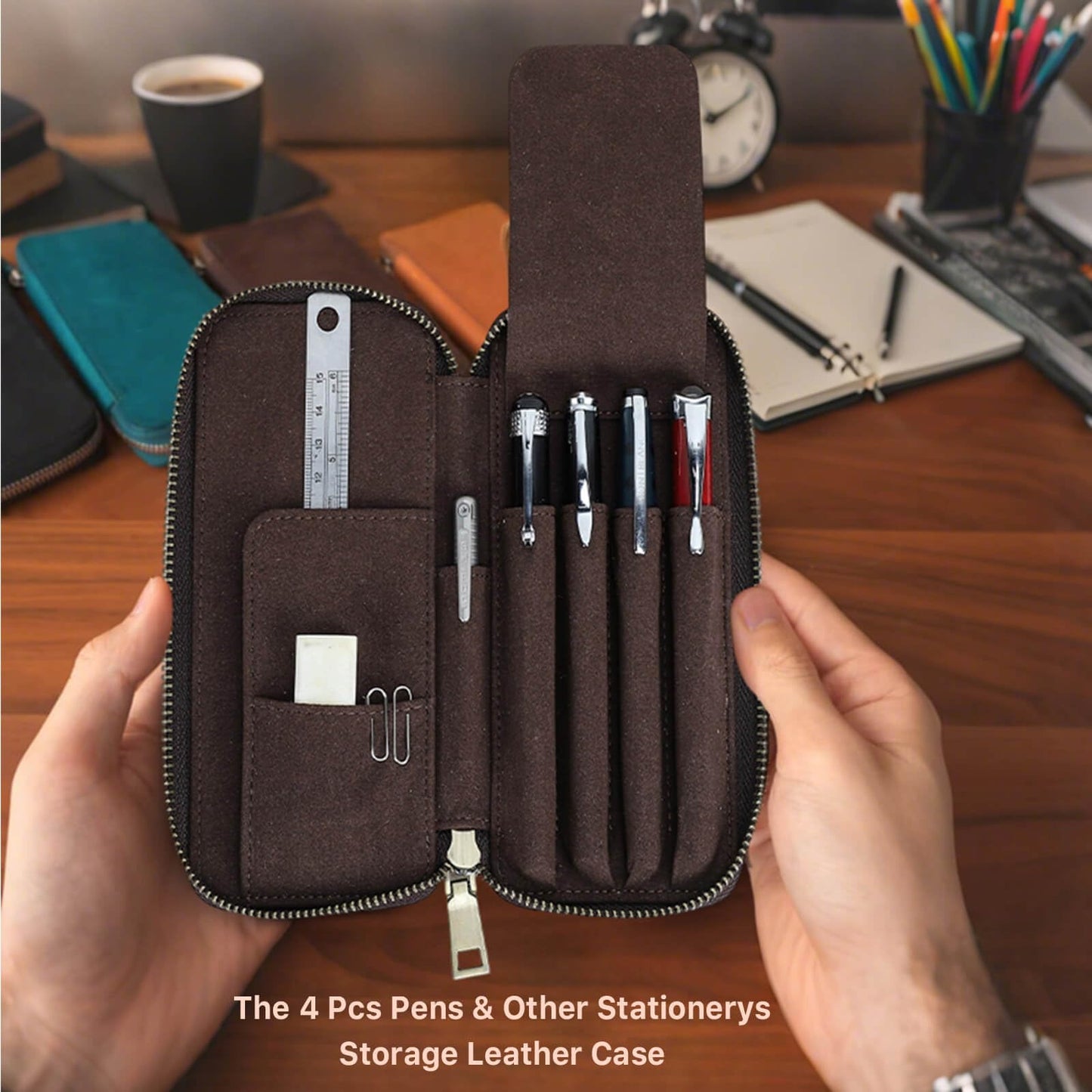 Hiram Handmade 4-Pen Case, Triple-Zip Crazy-Horse Leather Pouch with Microfiber Suede Lining, Heart-Stamped, Fountain/Ballpoint Box, Vintage Executive Stationery Storage(Coffee)