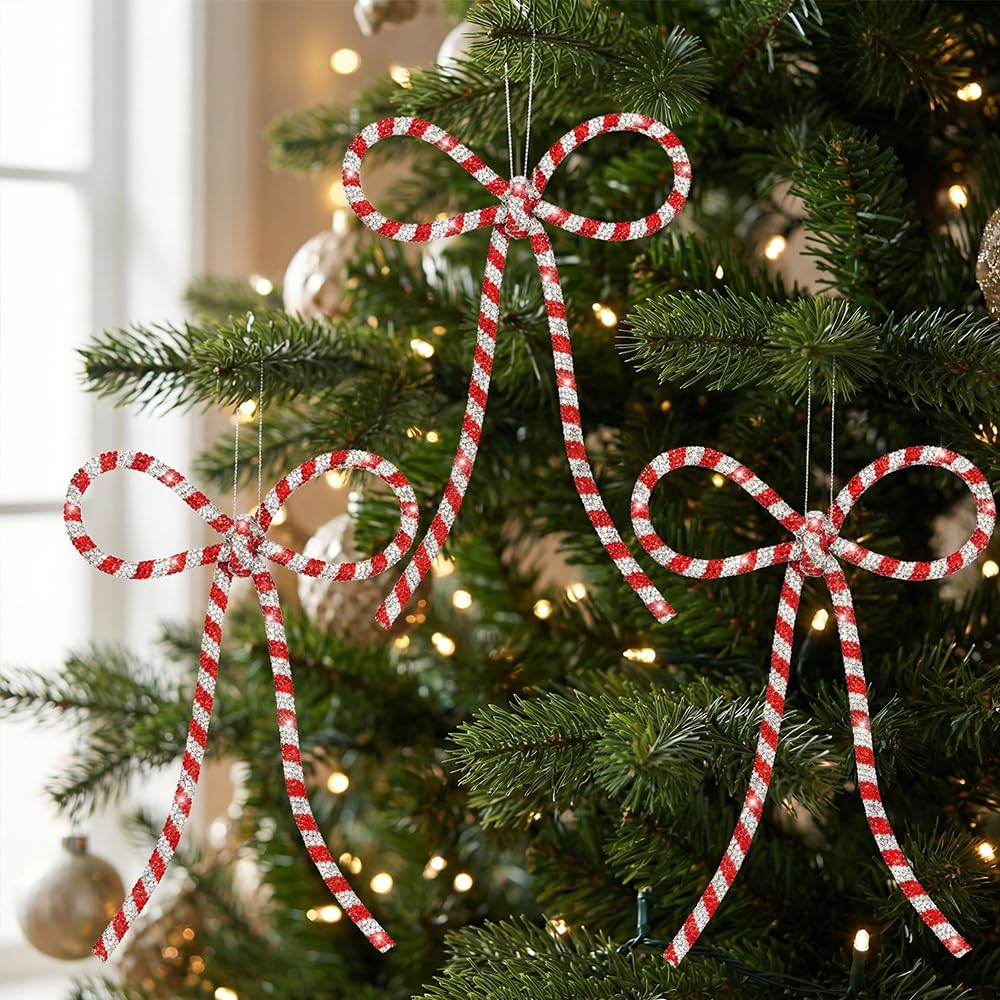 XMIAOX 3 Pcs Handmade Rhinestone Bow Christmas Ornaments, Sparkling Candy Cane Bows for Holiday Tree, Wreath & Gift Wrapping, Reusable Holiday, Home, Party Décor (Red & Silver, Small)