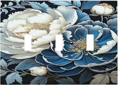 White Blue Flower Peonies Light Switch Covers 3 Gang Triple Toggle Wall Plate Decorative Switchplate Electrical Faceplate for Farmhouse Living Decor