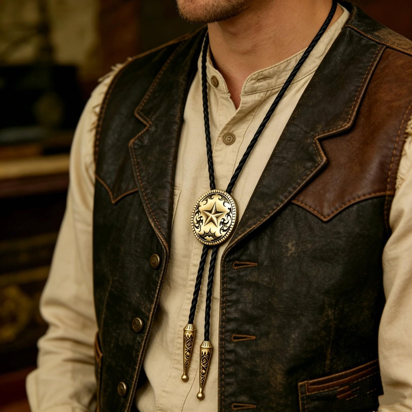 JPJZY BRBAM Retro Style Western Cowboy Lone Star Bolo Tie Texas Symbol Leather Bolo Tie for Men (Style 6 - Bronze)