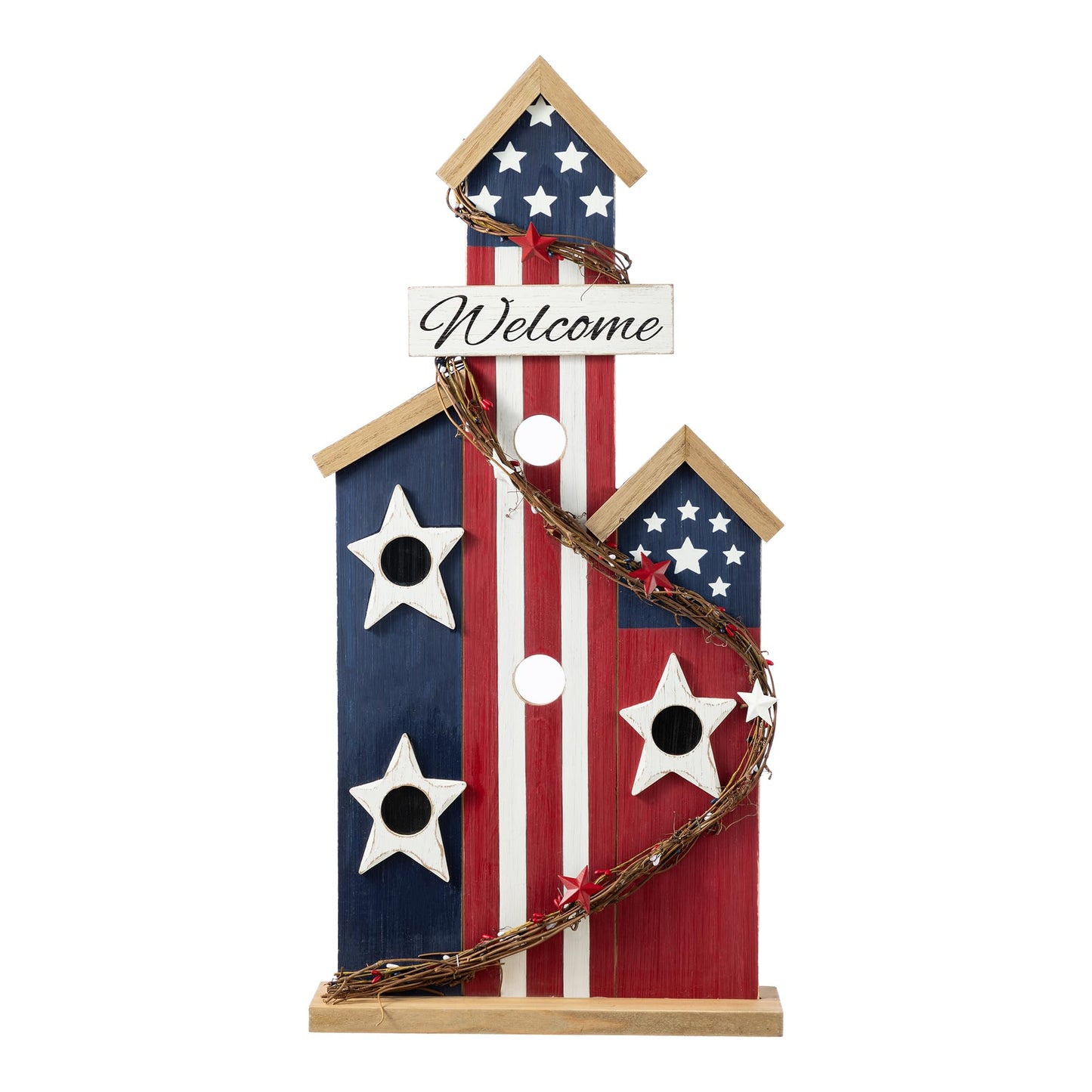 Glitzhome 30'' Patriotic Birdhouse Porch Decor, God Bless America Wooden Welcome Sign with Star, 4th of July & Independence Day Outdoor Indoor Decor