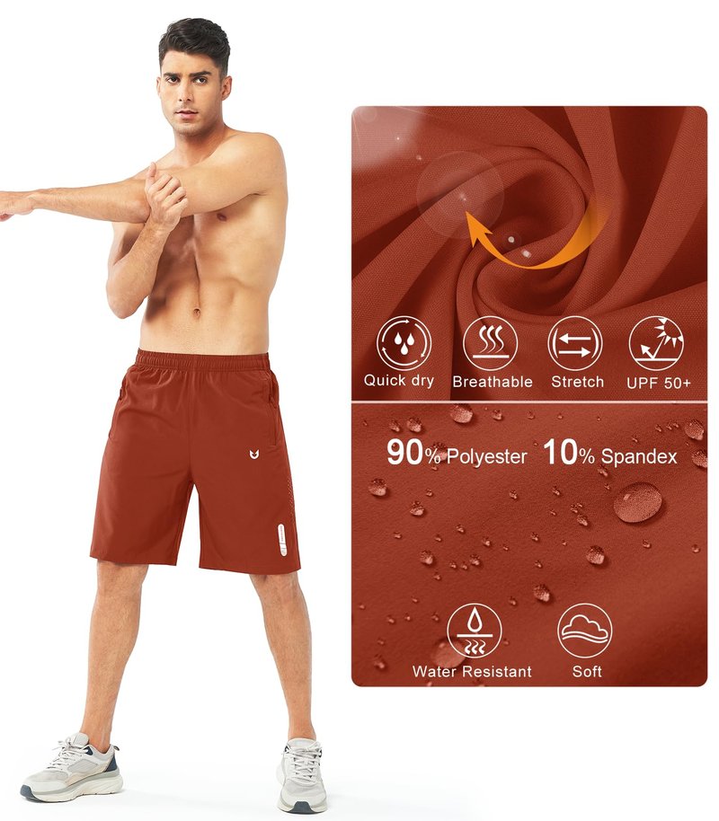 NORTHYARD Men's Athletic Running Shorts Gym Workout 7"/9"/5" Quick Dry Lightweight Sports Basketball Tennis 3 Zipper Pockets REDCLAY-9inch L