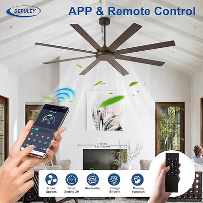 Depuley Large Ceiling Fan without Light: 72 Inch Indoor/Outdoor Fan Reversible DC Motor 6 Speed - Dual 8 Blades Big Ceiling Fans with No Light for Living Room Covered Patio, Brown