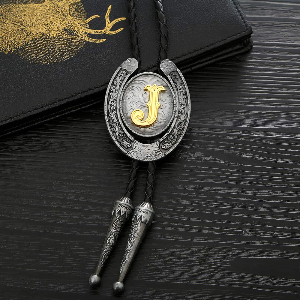 HUABOLA CALYN Vintage Bolo Tie for Men- Initial Letter ABCDMJR to Z Western Cowboy Bolo Tie for Women (J)